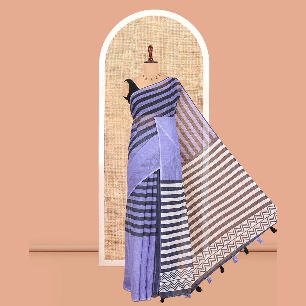 Pothys Borderless Lavender Linen Cotton Saree, Decked Up with Stripes, a Self-Pallu of Stripes, and a Contrast Blouse